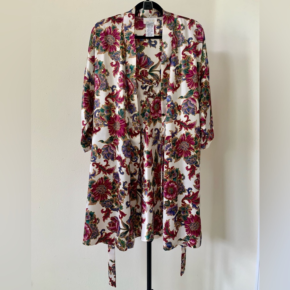 Vintage Dentelle Satin Floral Nightgown & Robe Set Size L